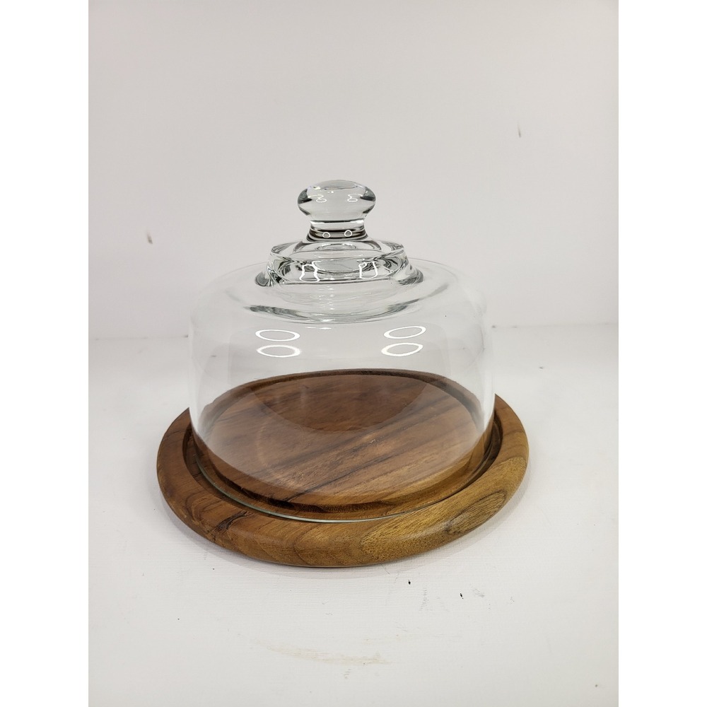 Dolphin Genuine Teakwood Glass Cheese Cloche Mini Dessert Server Thailand 8.25in
